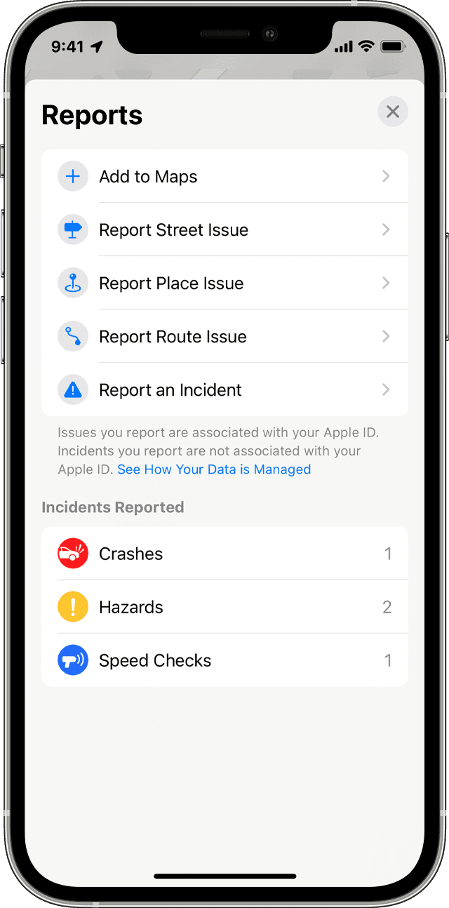 iPhone screen showing how to report an issue in Maps.