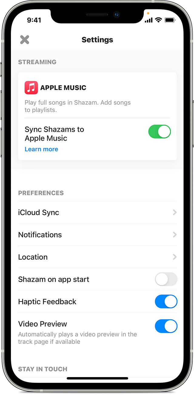 iPhone with Shazam app open to Settings