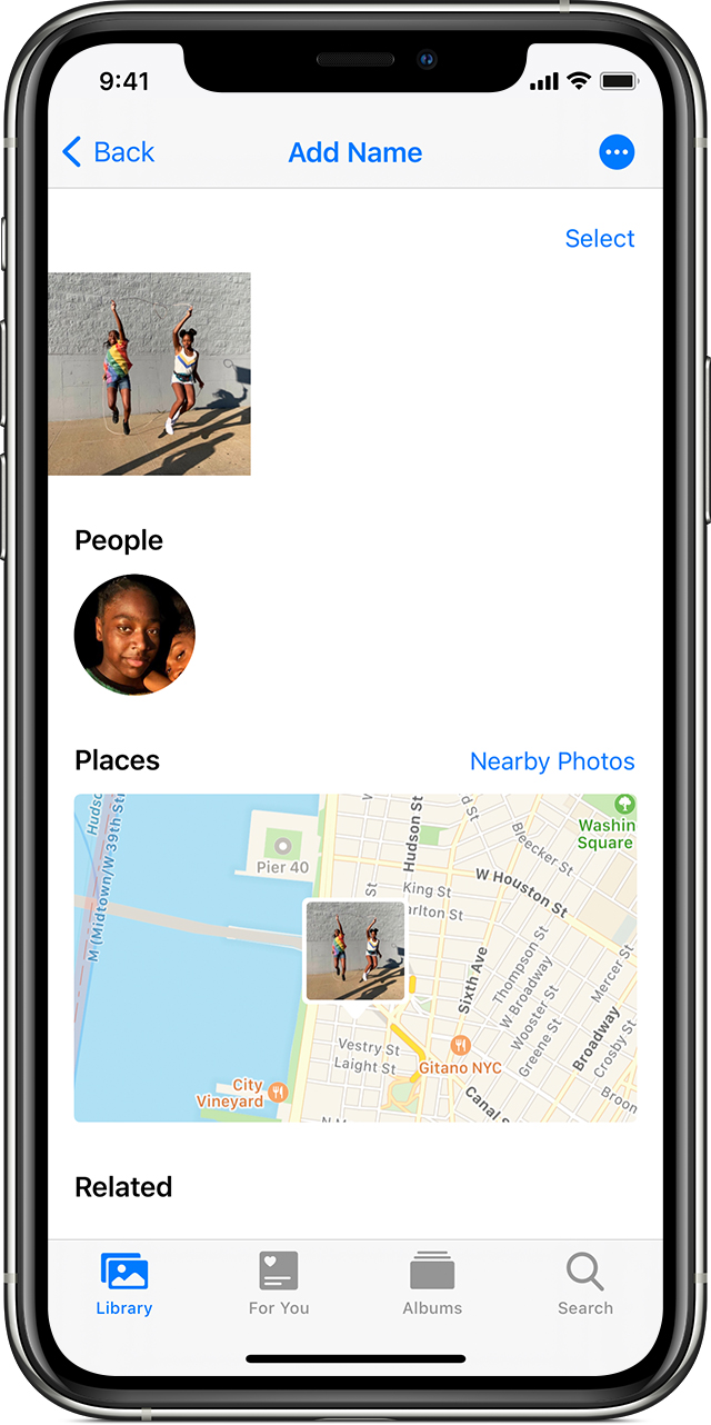 iPhone που δείχνει πώς να προσθέσετε όνομα σε ένα άτομο στην εφαρμογή Φωτογραφίες