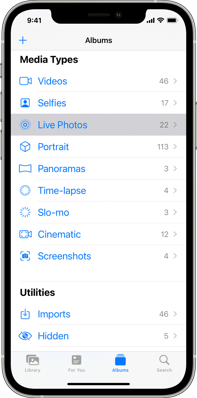 Section Types de média dans l’écran Albums de l’app Photos sur iPhone