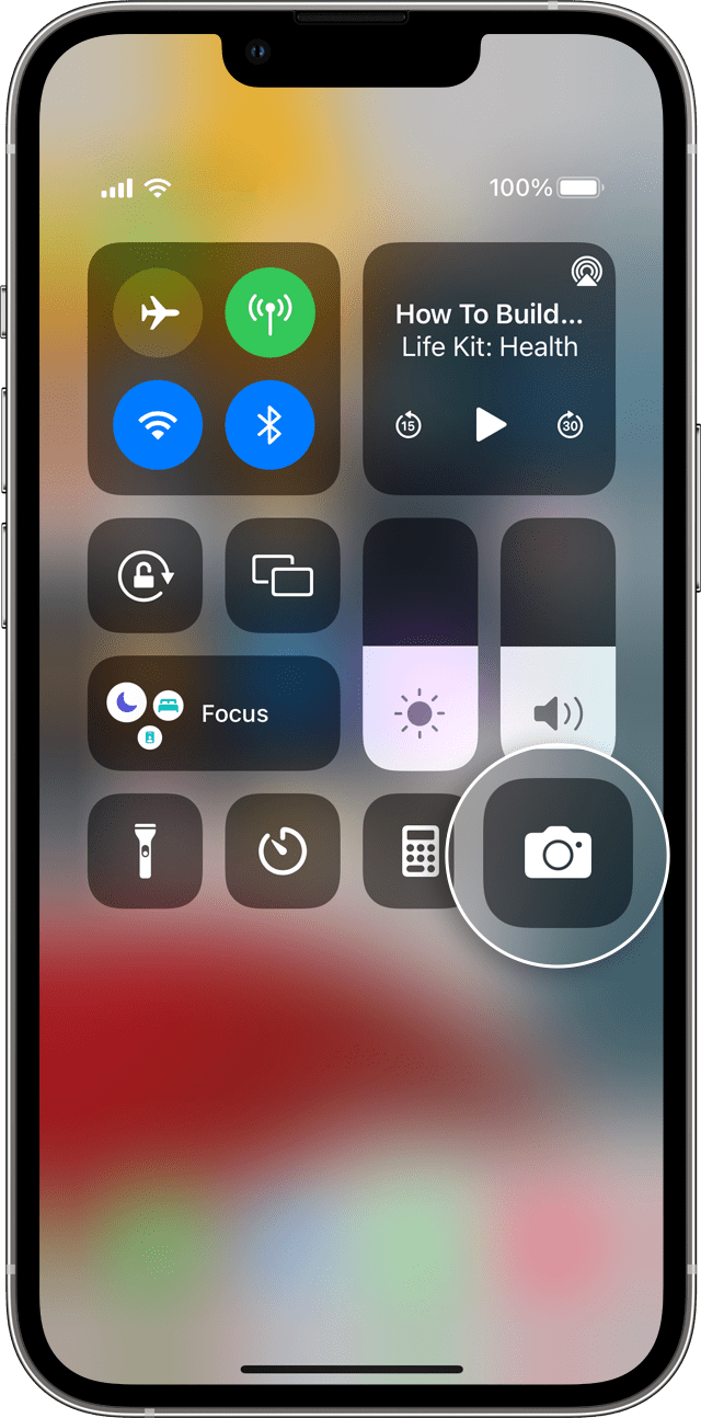 iPhone Control Center screen with camera icon enlarged