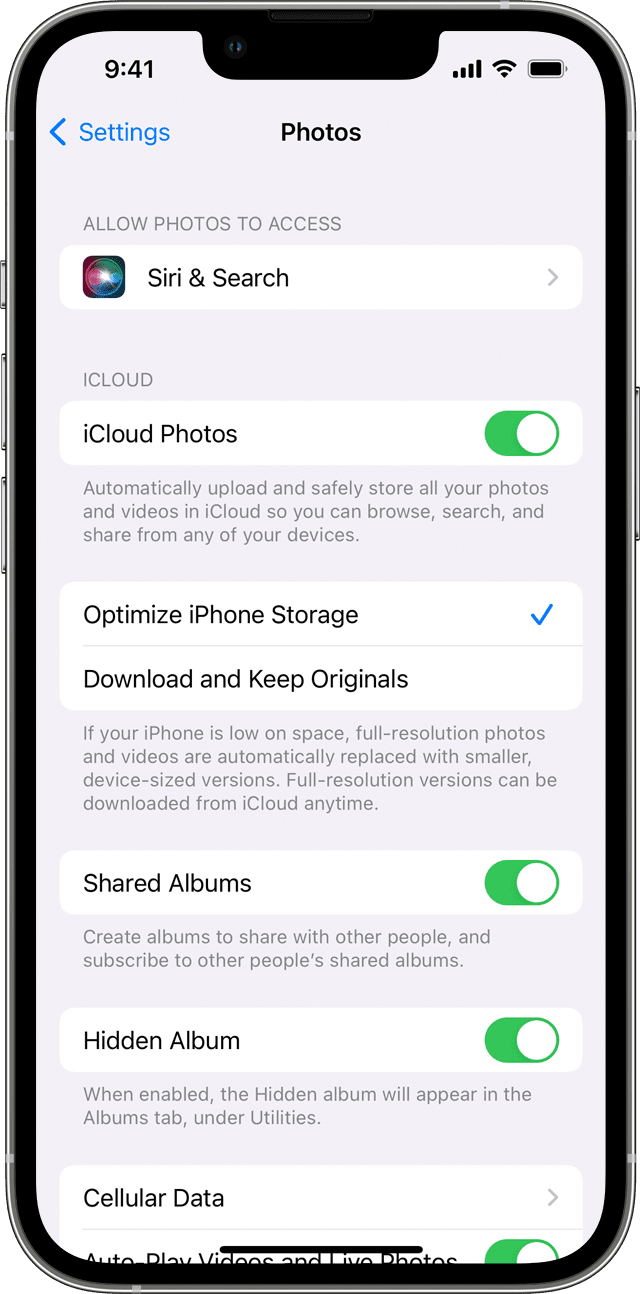 Настройки приложения «Фото» на iPhone с включенной функцией «Фото iCloud»