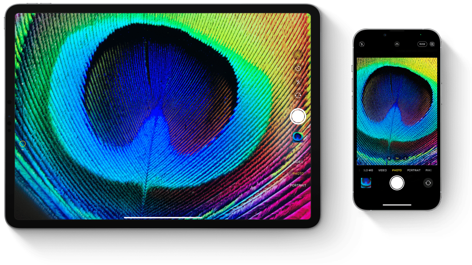 iPad Pro and iPhone both with Camera app open framing the same object