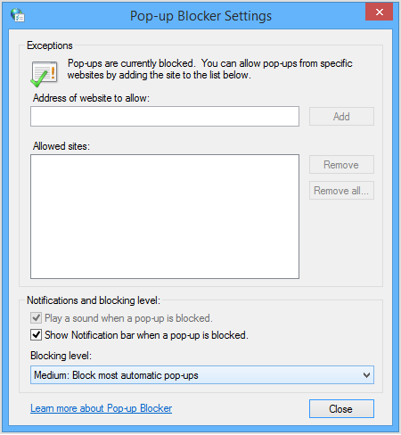 Windows Vista Pop Up Blocker Settings