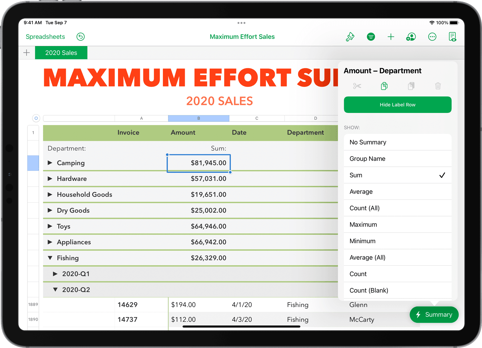 iPad Pro with Numbers spreadsheet open with a Subtotal cell selected and the Summary menu open