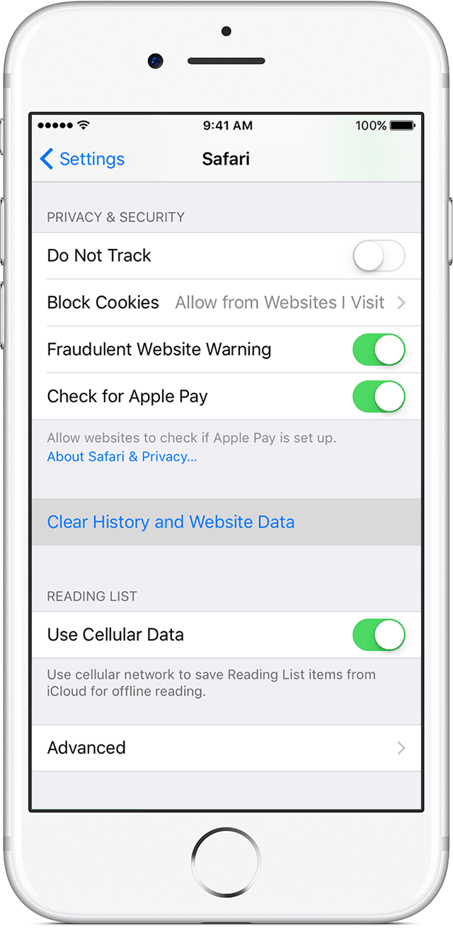 settings safari clear history cookies and data