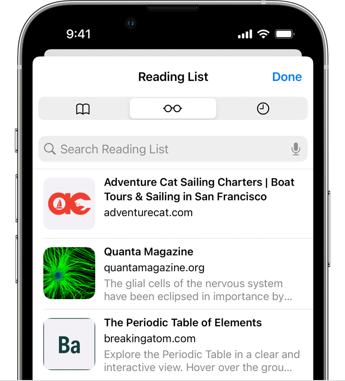 iPhone showing Safari Reading List