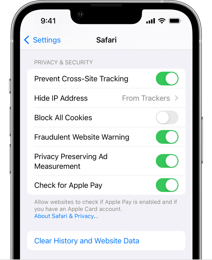 iPhone Safari Settings showing Clear history and website data.