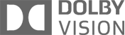 Dolby Vision badge. A grey rectangle with two white semi circles with the rounded side facing each other inside of it. Dolby Vision is on the right all in caps, and Dolby is on top of Vision.