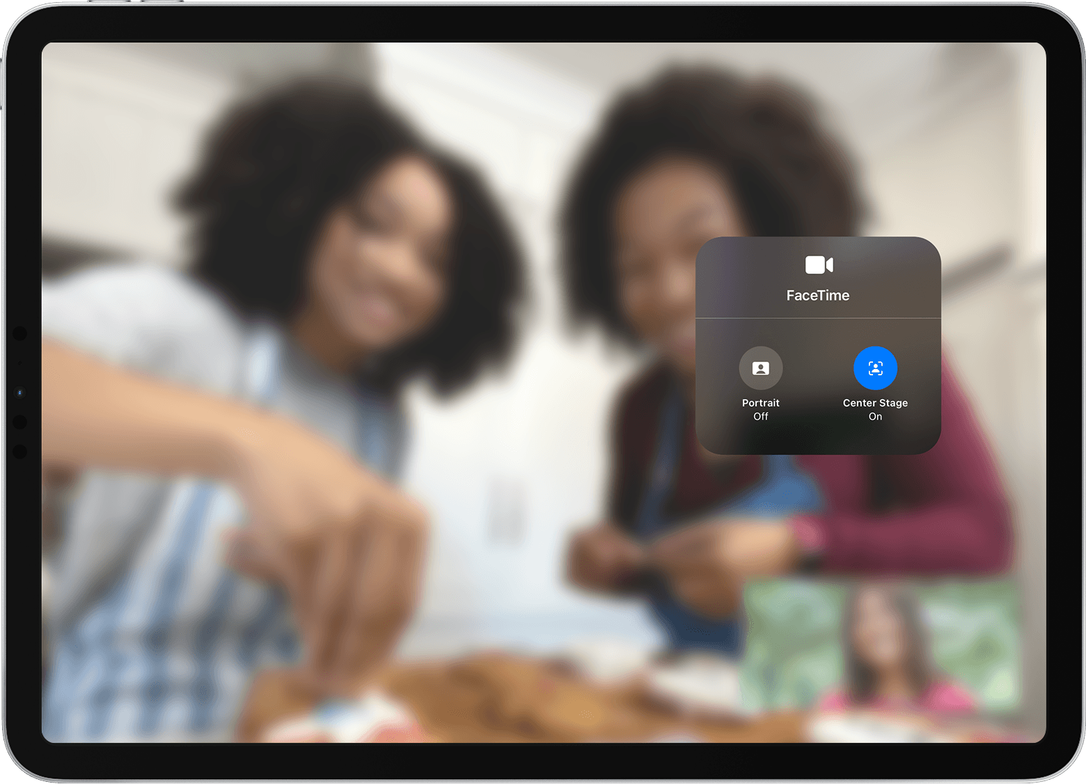 iPad screen shows a FaceTime call with the Video Effects options visible