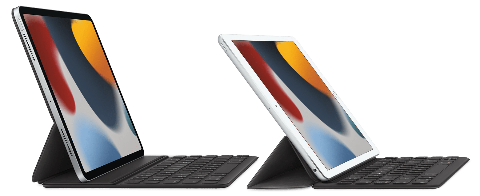 Gambar menampilkan 2 iPad, satu dengan Smart Keyboard Folio dan satunya dengan Smart Keyboard 