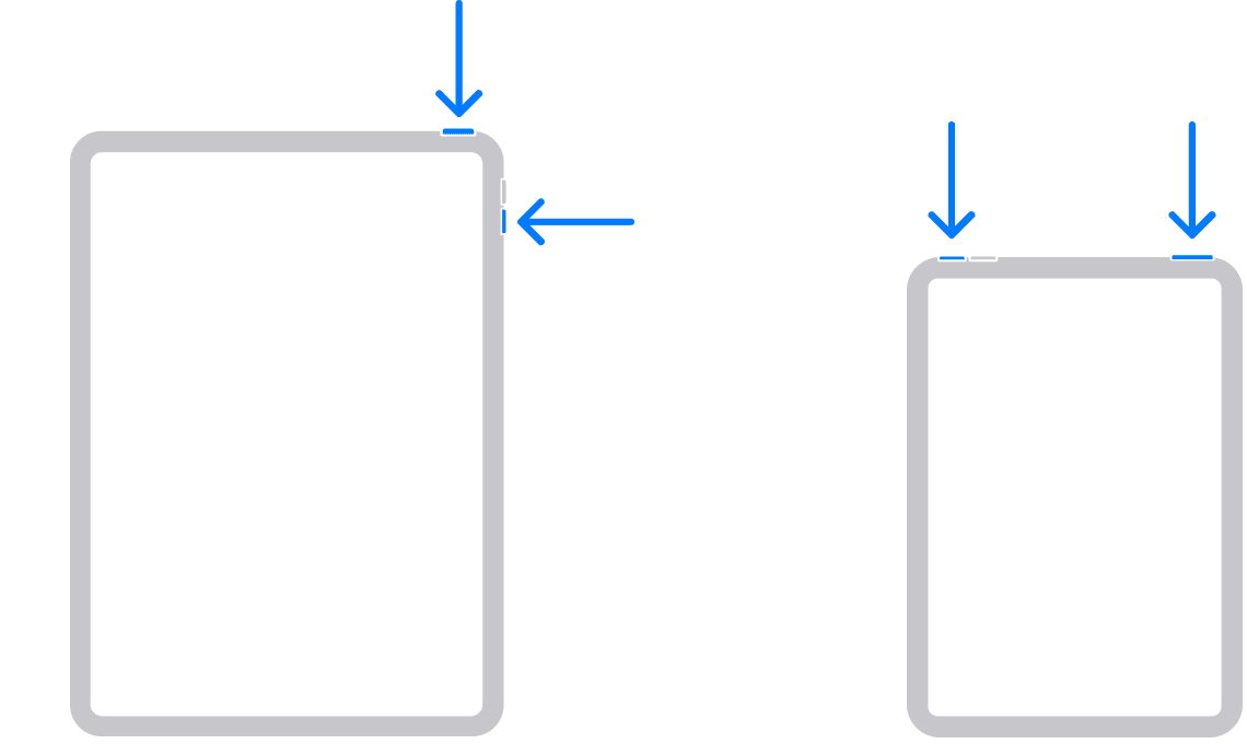 „iPad“ modelių schemos, kuriose pavaizduotas viršutinis mygtukas ir garsumo mygtukai