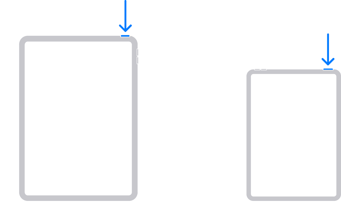 „iPad“ modelių schema, kurioje pavaizduotas viršutinis mygtukas