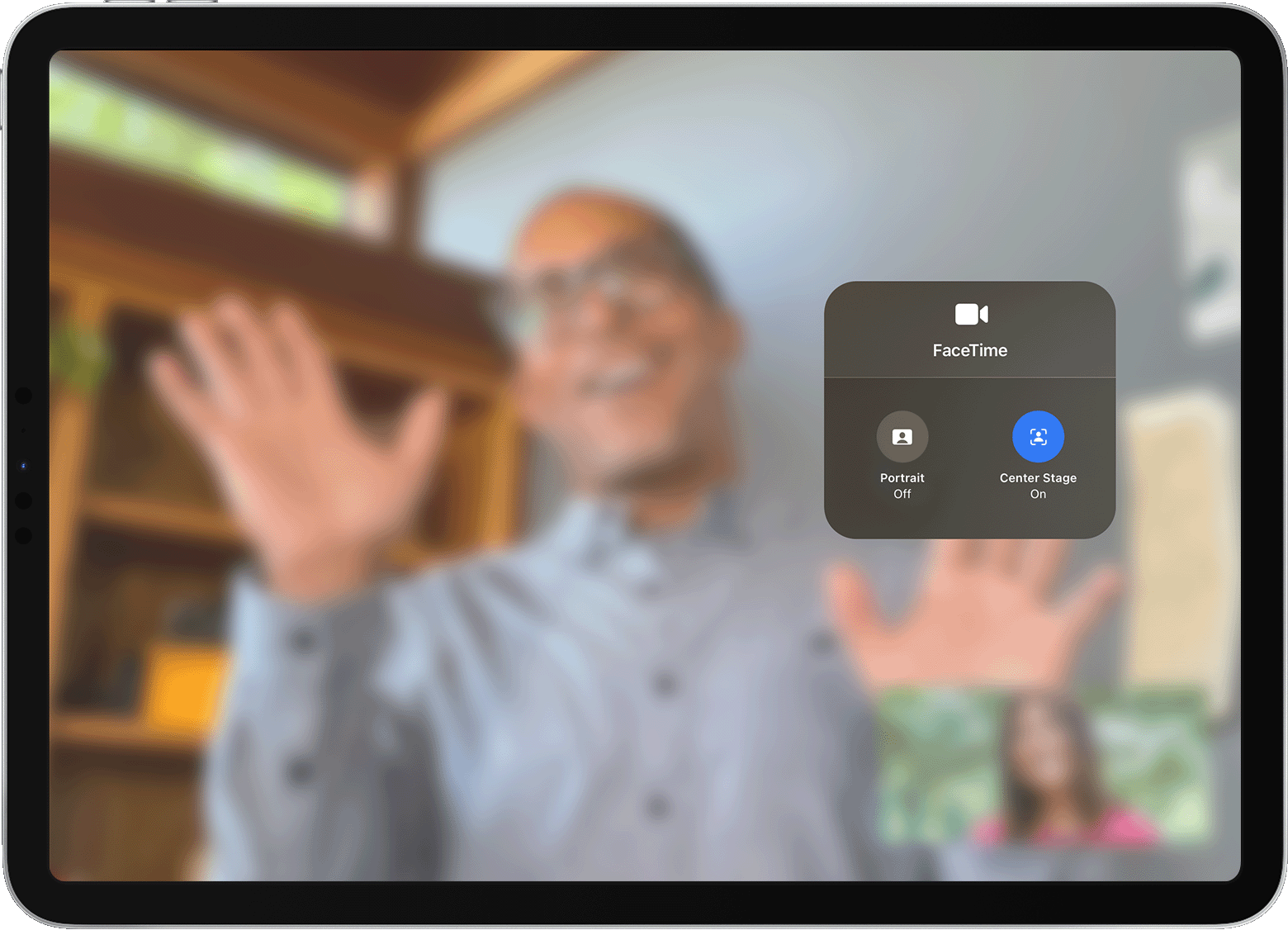 iPad screen shows a FaceTime call with the Video Effects options visible