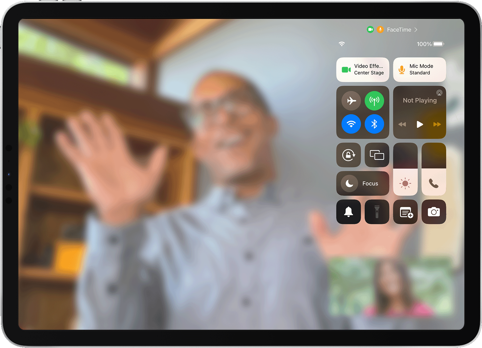 iPad screen shows a FaceTime call with Control Center visible, including the Video Effects button