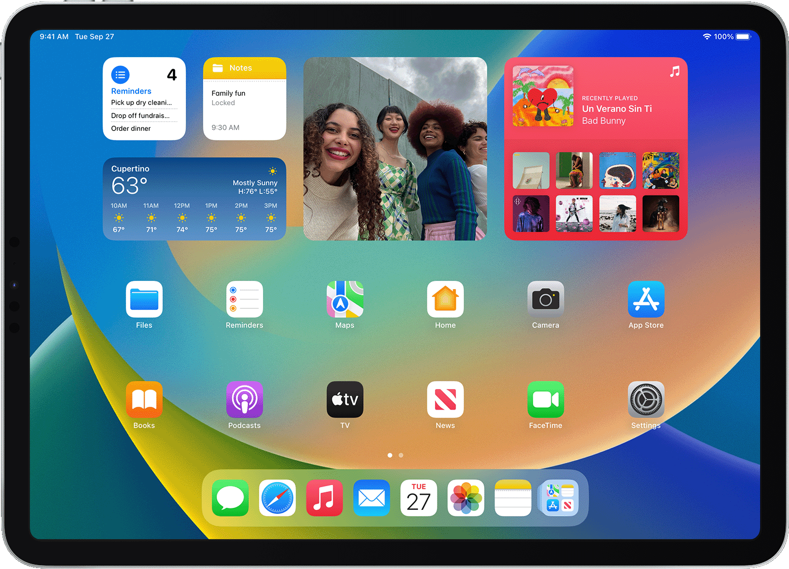 iPad Home Screen showing widgets and apps