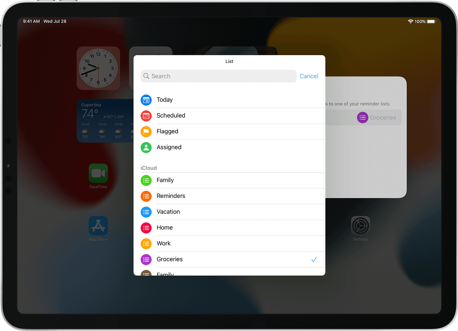 iPad screen showing the Reminders widget options