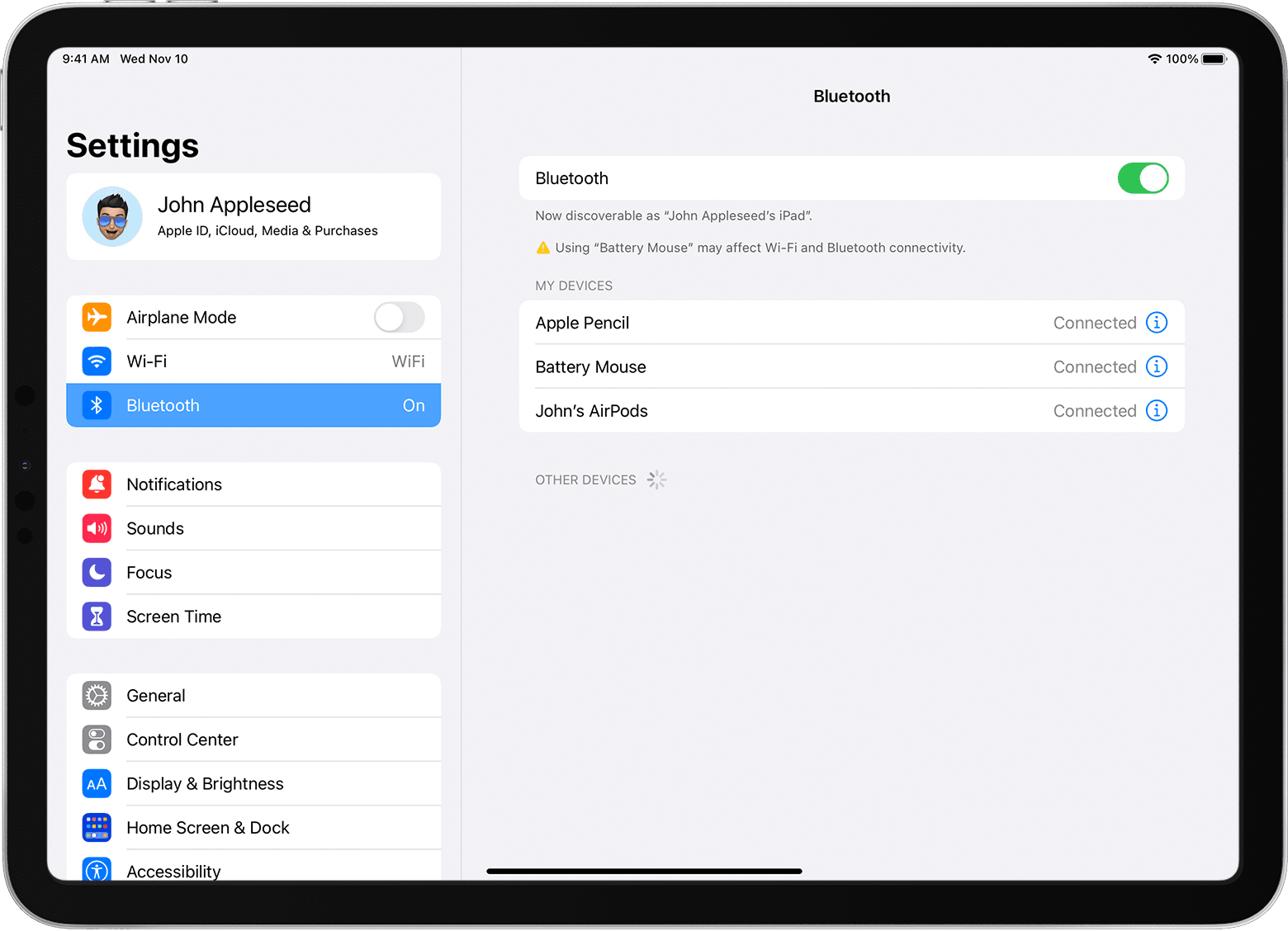 A connectivity warning in Settings > Bluetooth on iPad