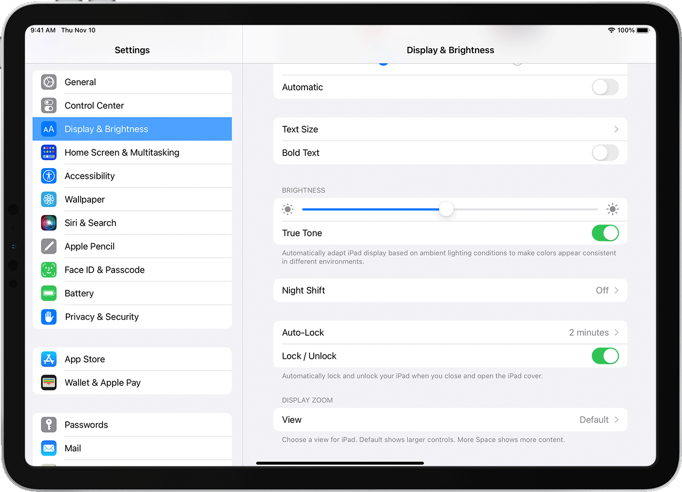 잠금 / 잠금 해제 설정이 표시된 iPad 설정 화면