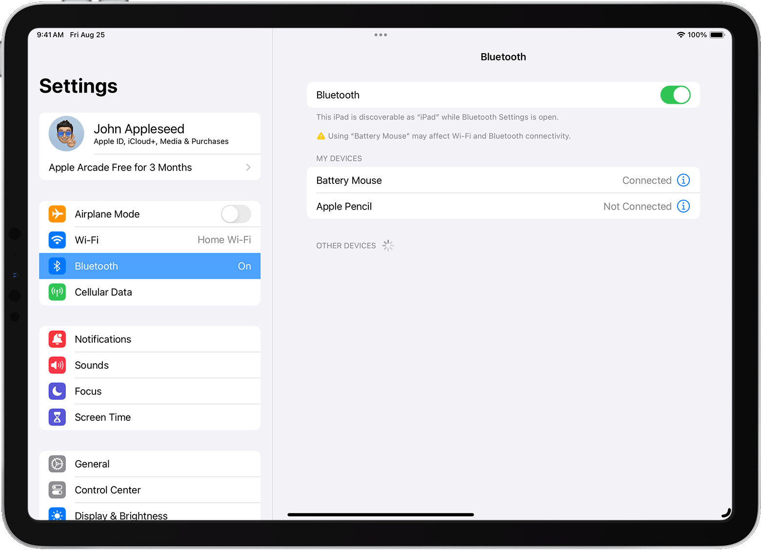 A connectivity warning in Settings > Bluetooth on iPad