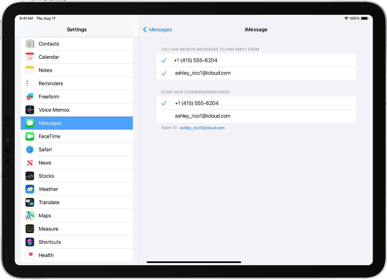 In the iPadOS settings for Messages, you can also choose to start new conversations from your phone number instead of your email address.