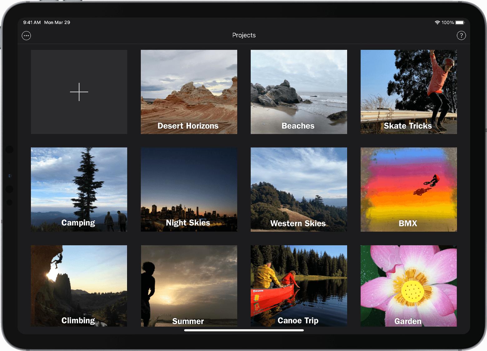 iPad iMovie project gallery screen