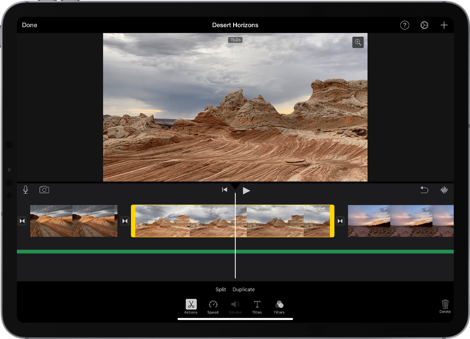 iPad iMovie project open with a video clip selected in the timeline