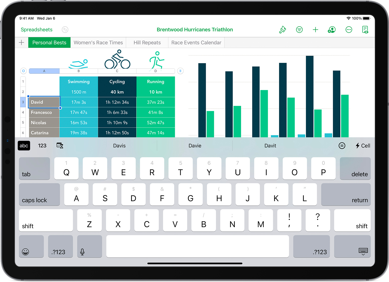 يعرض iPad جدول بيانات مفتوحًا ولوحة مفاتيح للنصوص الأبجدية