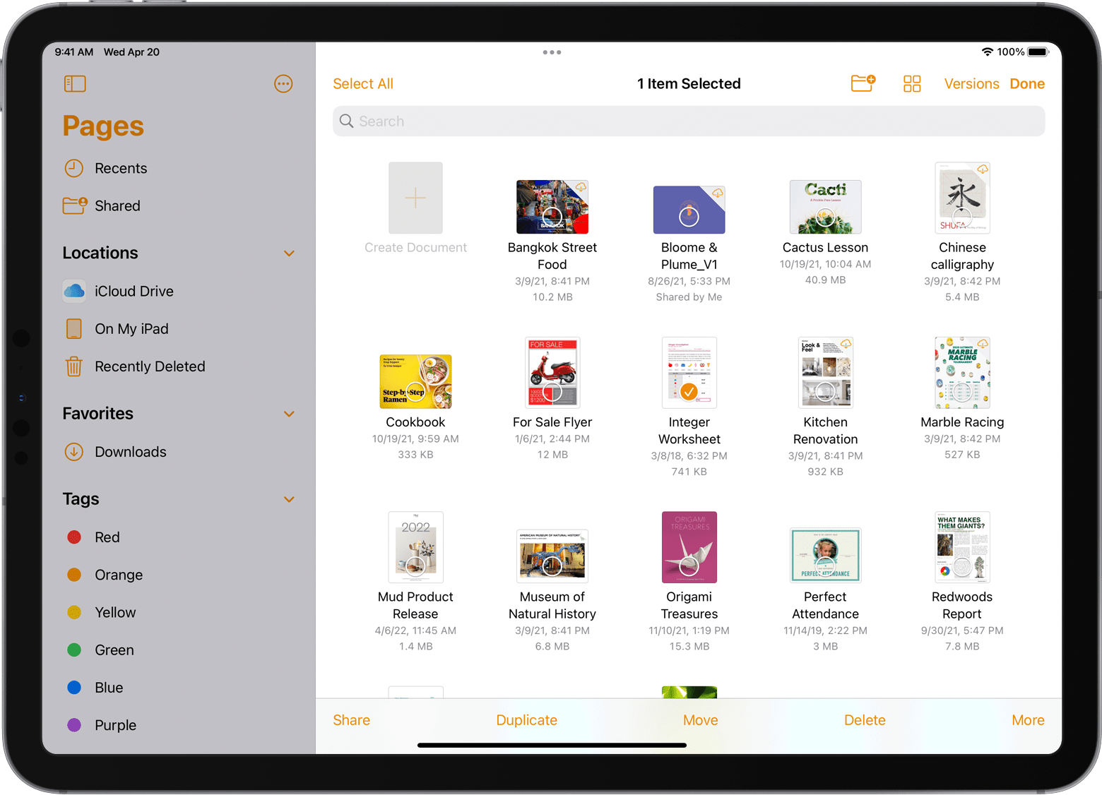 iPad Pro mit geöffnetem Pages-Dateibrowser