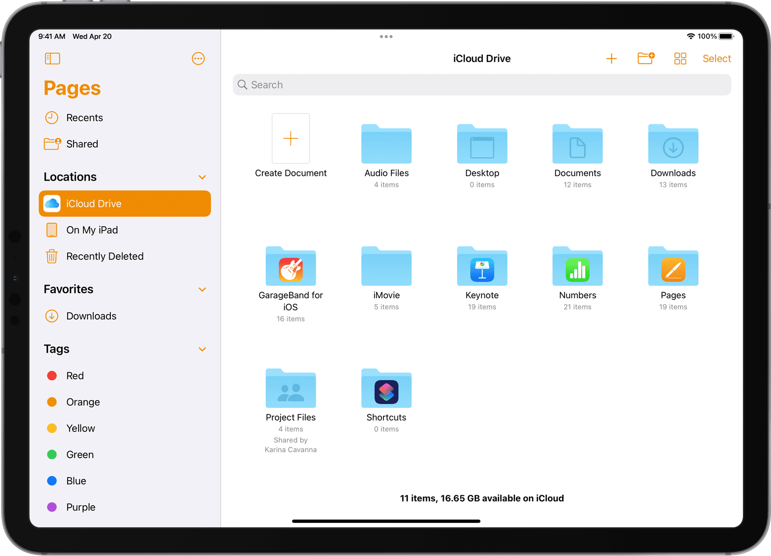 iPad Pro with iCloud Drive selected in the Locations list of the document manager.