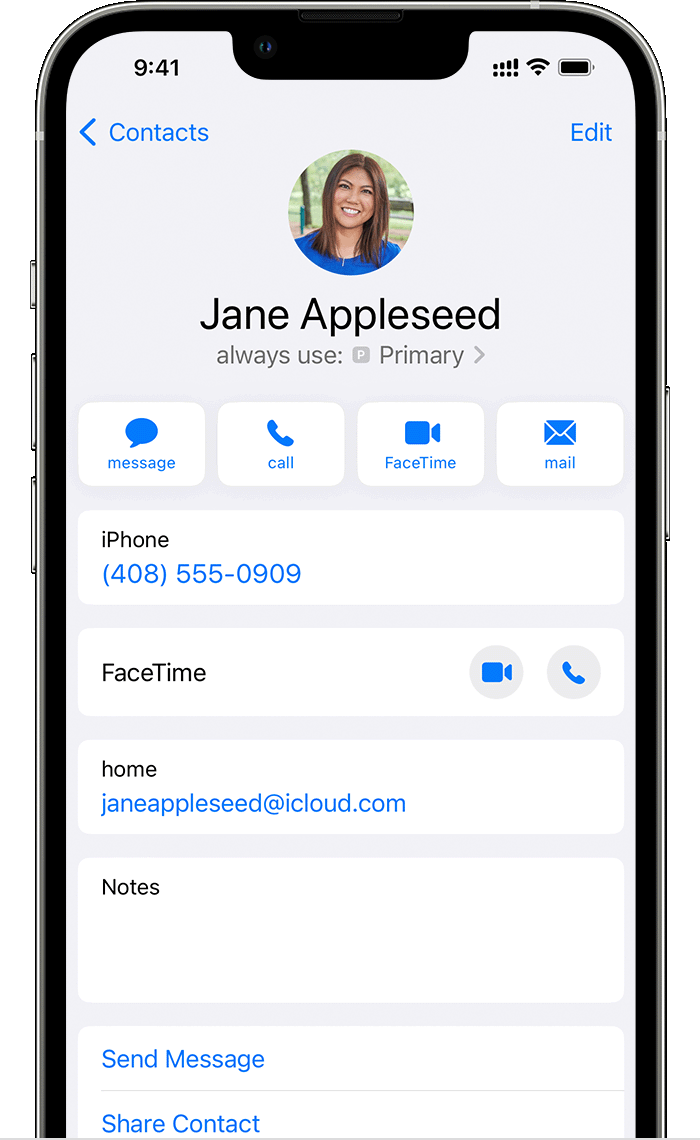 iPhone screen showing a contact’s profile