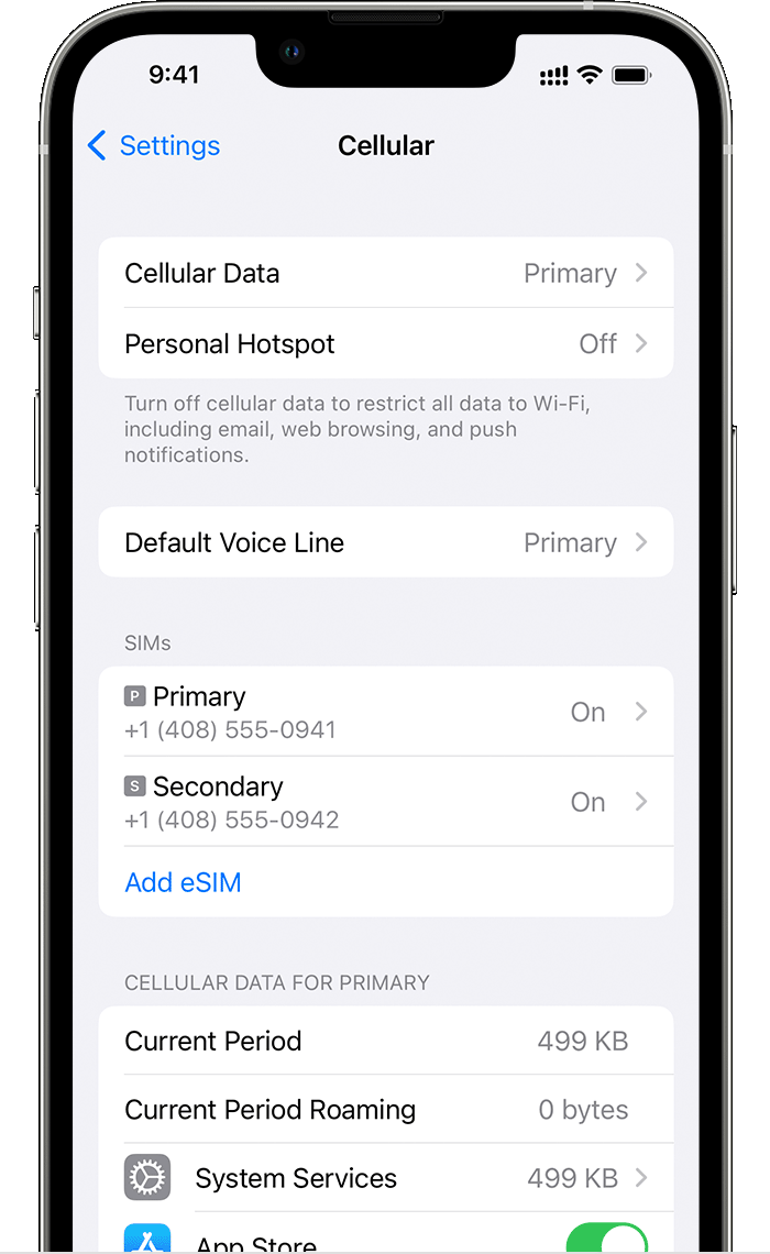 Image shows cellular data settings screen.