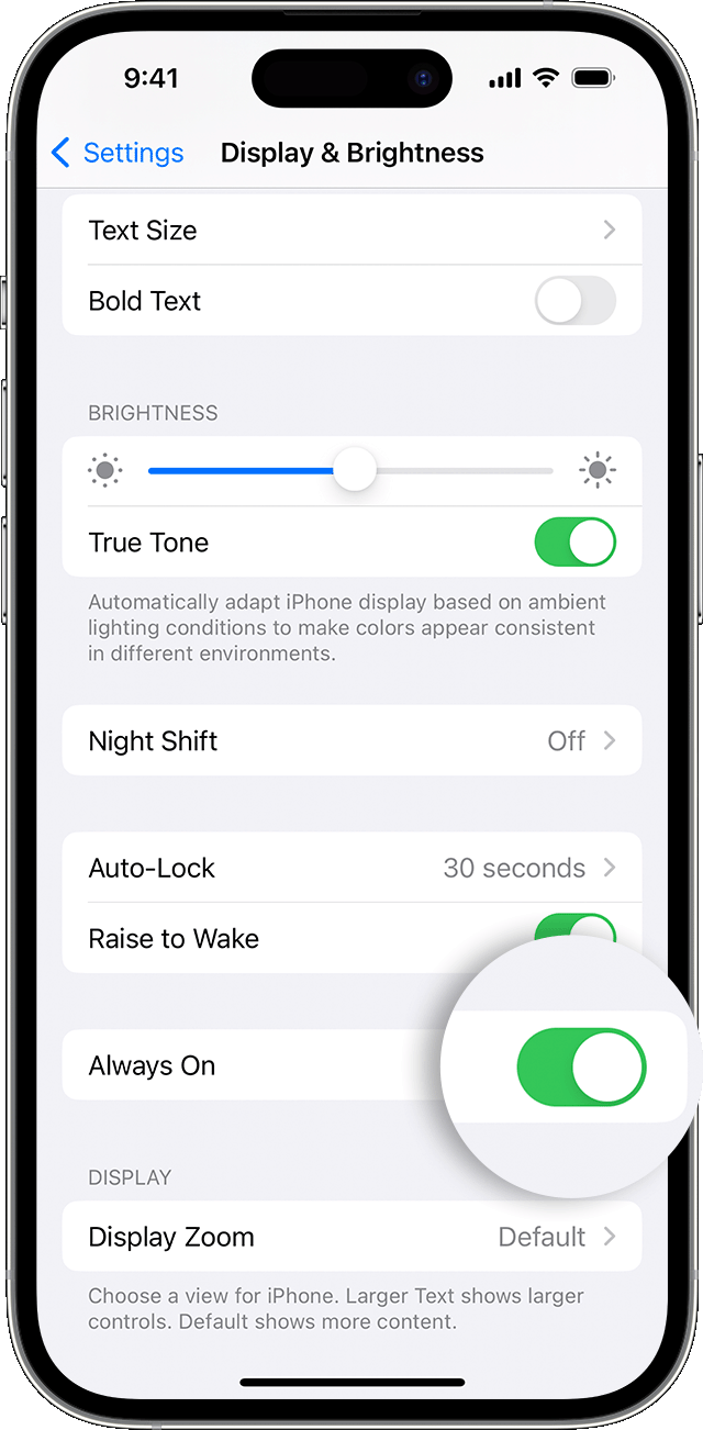 ios 16 iphone 14 pro settings display brightness always on callout