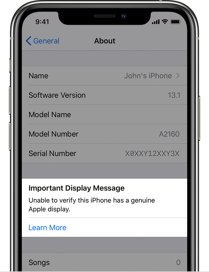ios13 iphone new settings general about unable to verify genuine apple display