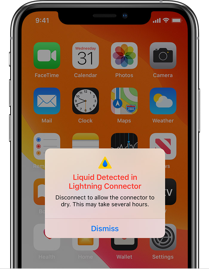 iPhone screen that shows a Liquid Detected in Lightning Connector alert