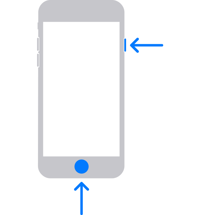 iPhone ที่มีลูกศรชี้ไปที่ปุ่มโฮมและปุ่มด้านบน (หรือด้านข้าง)