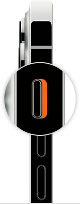 Lateral de um iPhone com a chave de Toque/Silencioso ampliada. A cor laranja está aparecendo na chave.