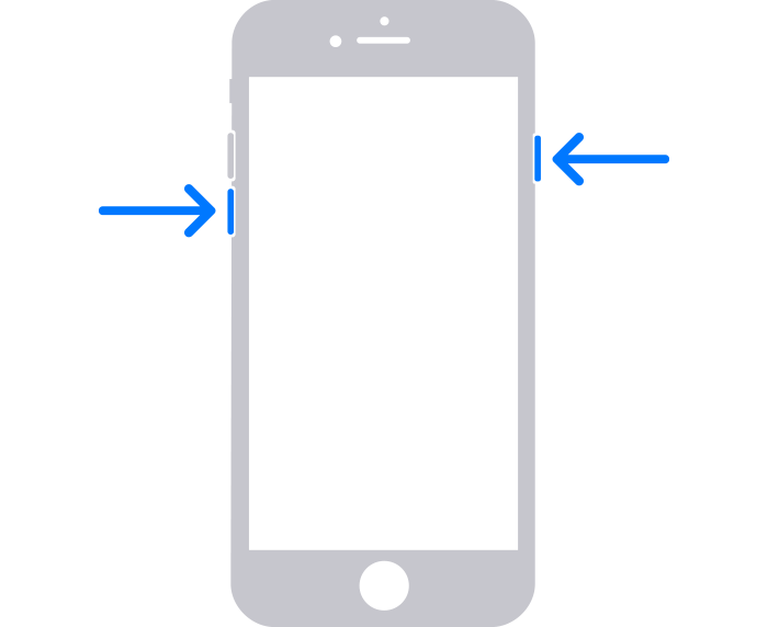 An iPhone with arrows pointing to the side button and the volume down button.