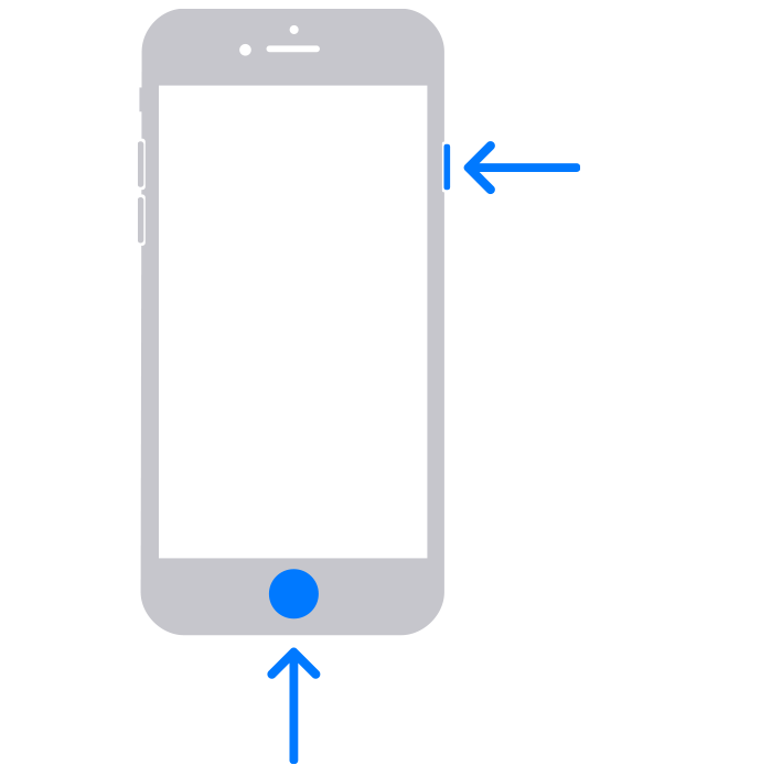 A imagem mostra setas a apontar para o botão lateral e o botão principal