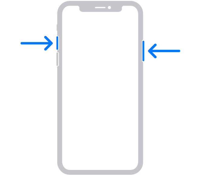 Săgeți indicând butonul lateral și butonul de creștere a volumului pe un telefon cu Face ID, cum ar fi iPhone 14
