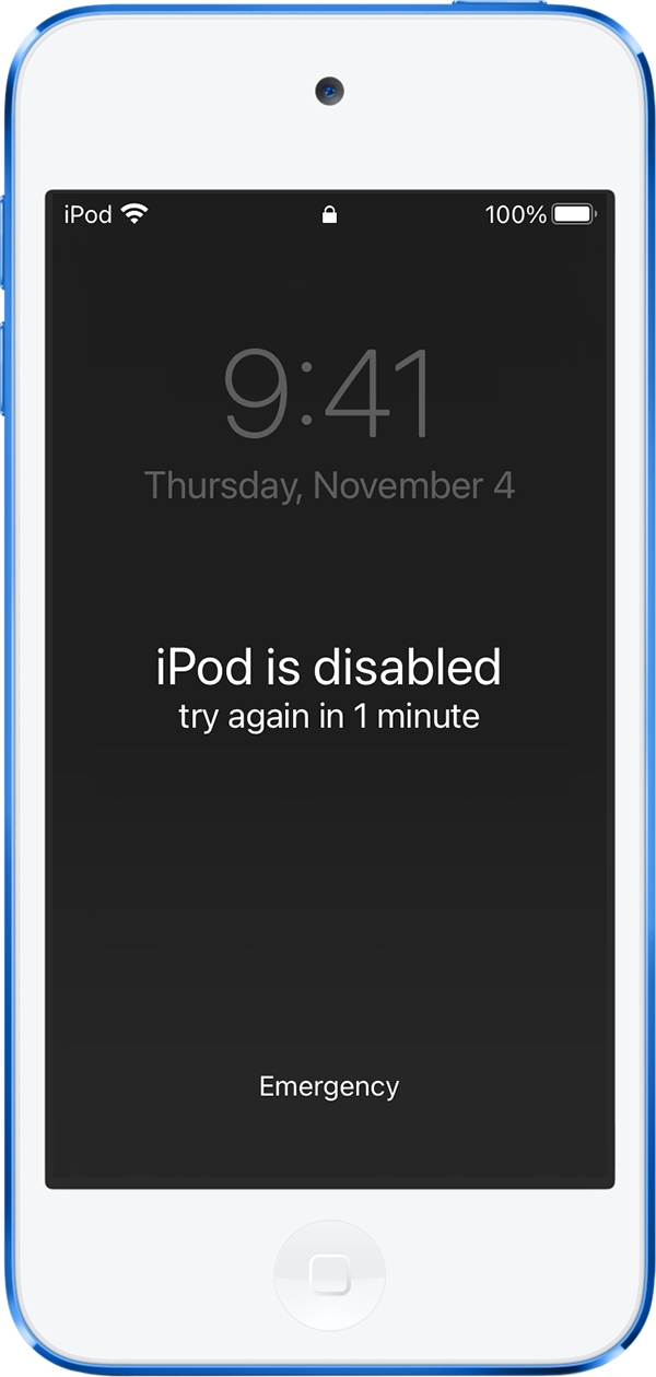 iPod touch, показващ съобщение, че iPod е дезактивиран