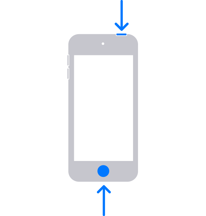 An iPod touch with arrows pointing to the Home button and the top button.