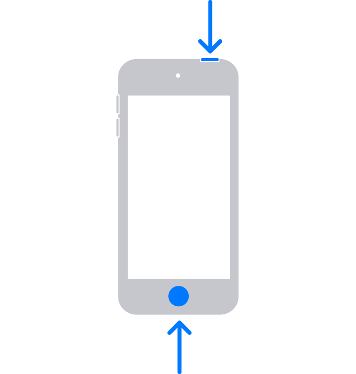 An iPod touch with arrows pointing to the Home button and the top button.