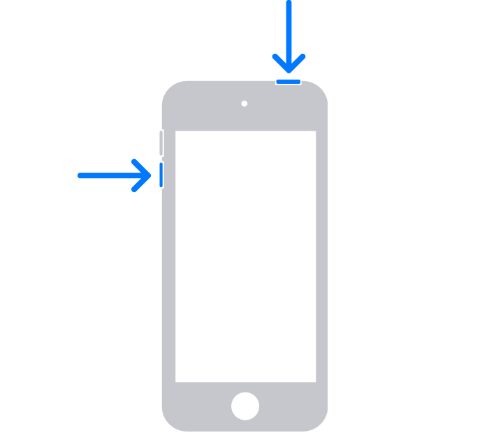 An iPod touch with arrows pointing to the top button and the volume down button.