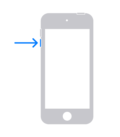 iPod touch, jossa näkyy äänenvoimakkuuden vähennyspainikkeen sijainti