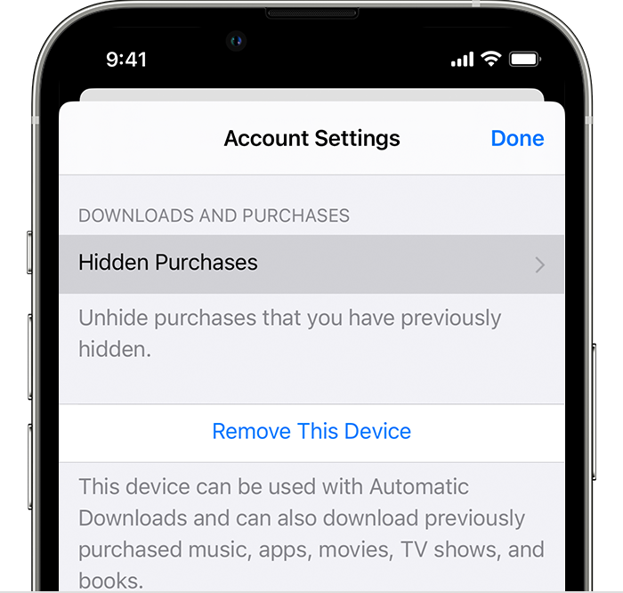 iPhone showing the Hidden Purchases button in Account Settings.
