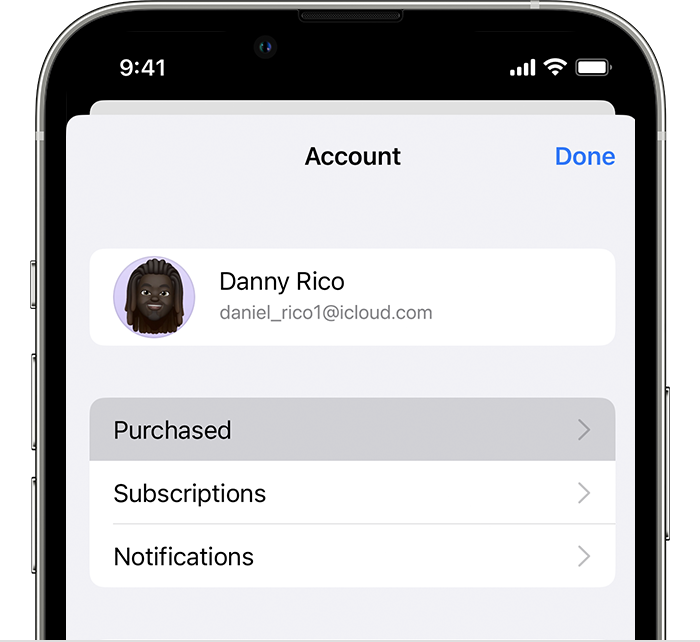The Purchased button is selected in the Account menu in the App Store on iPhone.