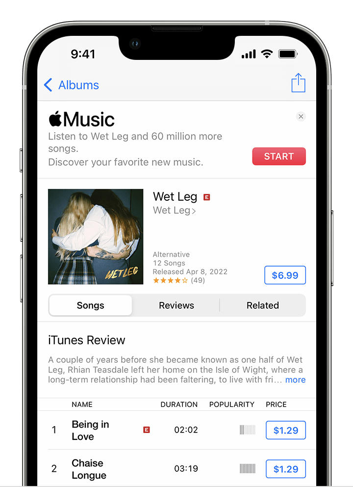 iPhone showing a song to buy from the iTunes Store