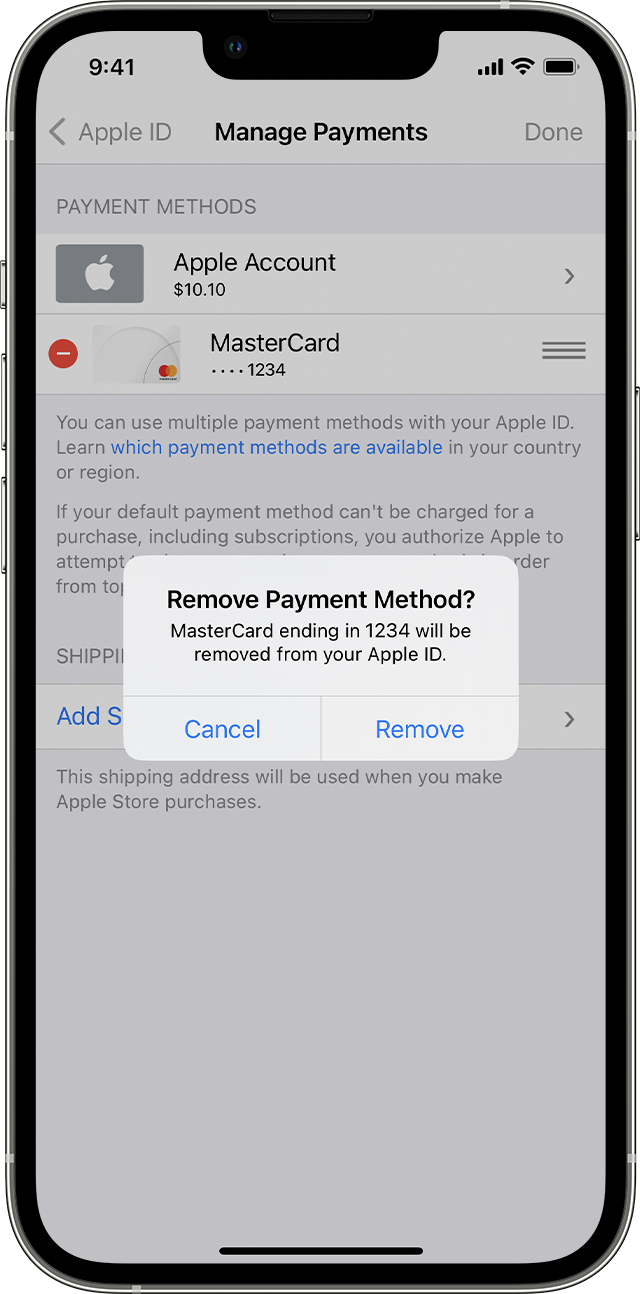 ב-iPhone, מופיעה ההודעה Remove Payment Method ('להסיר אמצעי תשלום?').