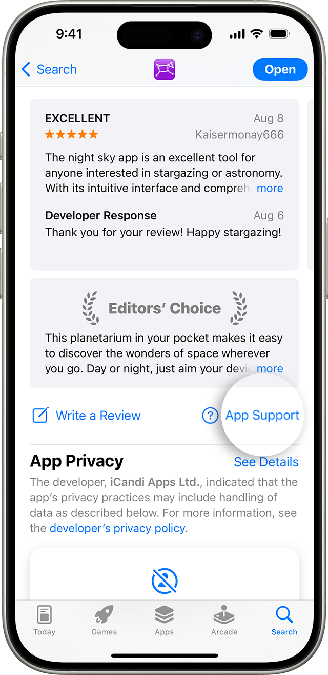 iPhone'daki App Store'da, yorumların altında Uygulama Desteği düğmesini bulabilirsiniz.